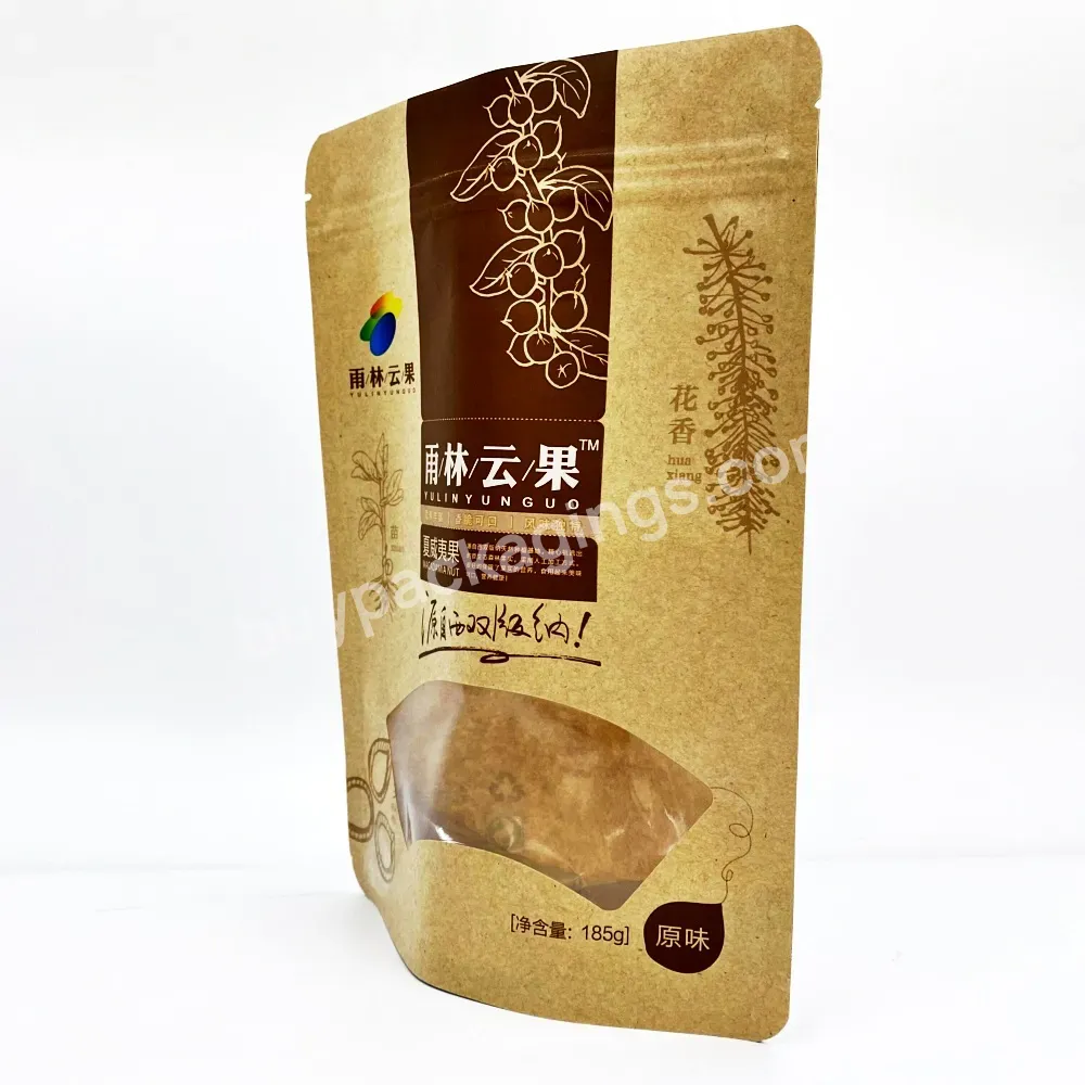 Custom Logo Print Kraft Paper Ziplock Plastic Recyclable Doypack Stand Up Pouch Food Grade Nuts Packaging Zipper Bag With Window