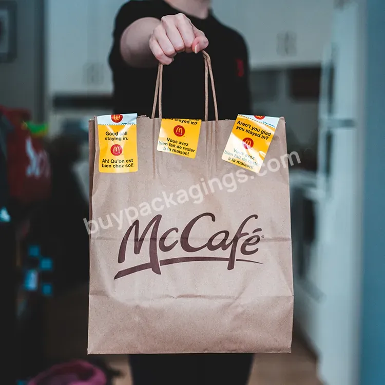 Custom Logo Printed Coffee Delivery Takeaway Food Packaging Kraft Paper Bag With Rope Handle