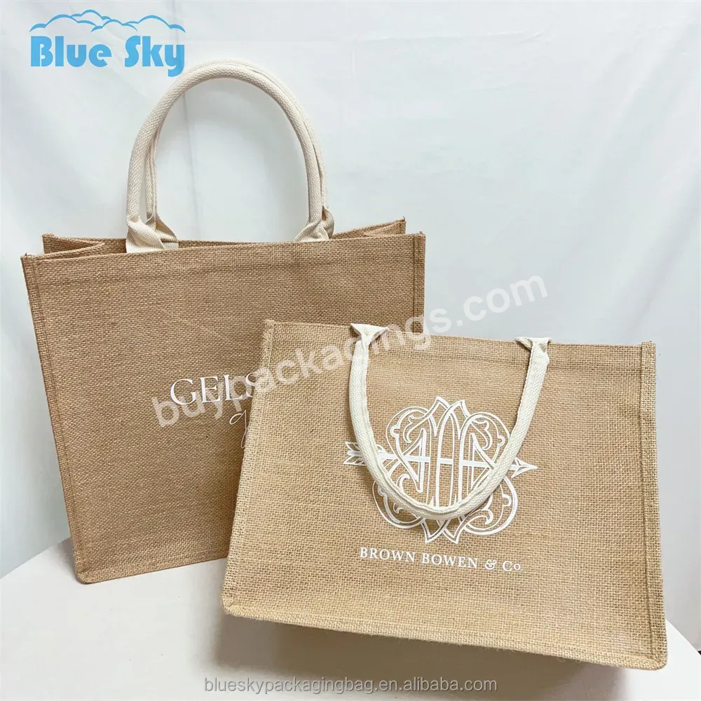 Custom Logo Printed Eco Recycle Natural Eco Friendly Reusable Jute Burlap Linen Shopping Tote Bag