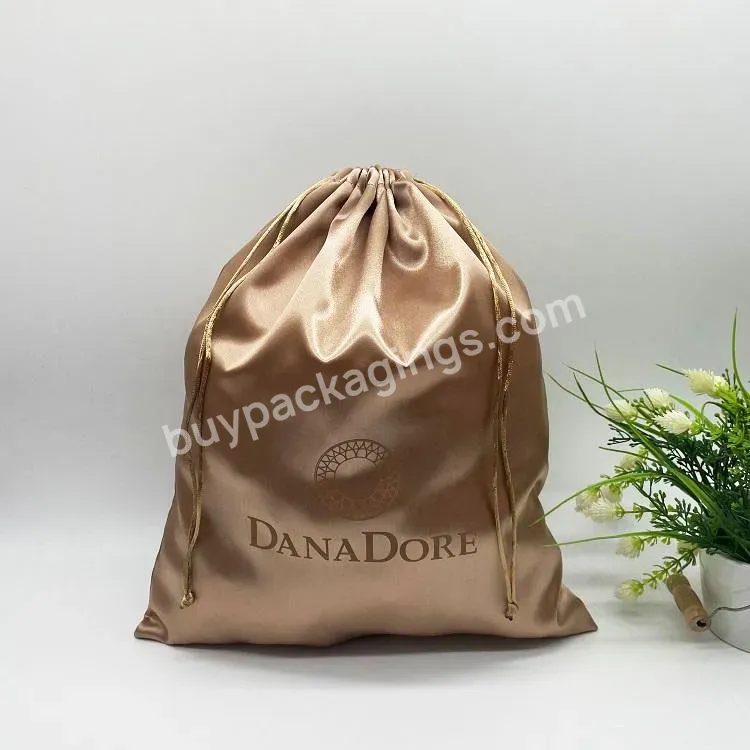 Custom Logo Printed Gold Satin Braiding Hair Bundle Extension Drawstring Bag Jewelry Dust Packaging Silk Wig Pouch