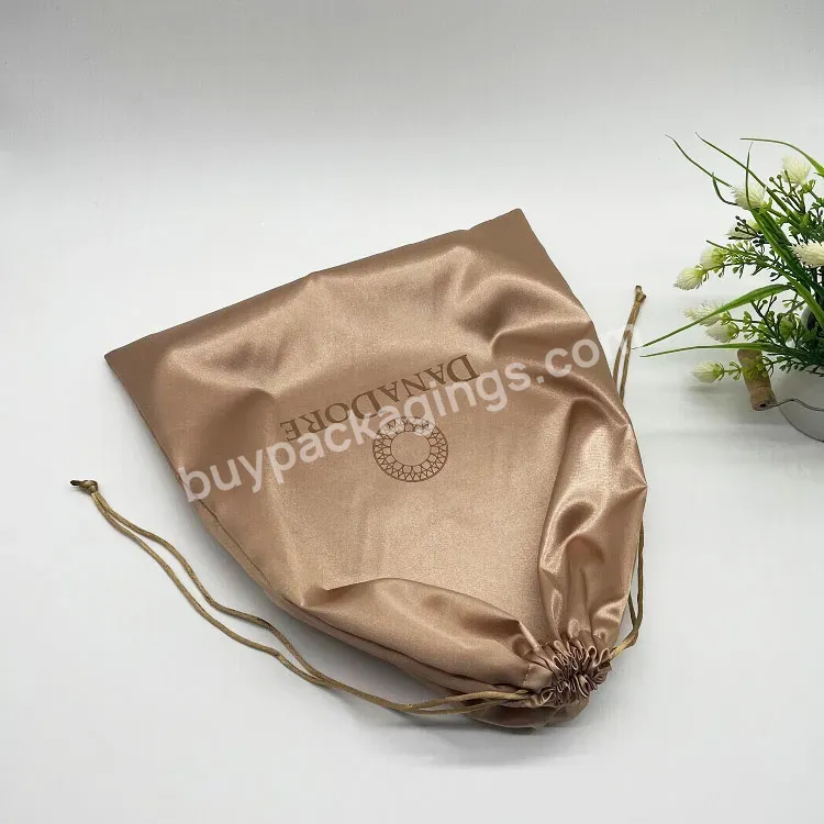 Custom Logo Printed Gold Satin Braiding Hair Bundle Extension Drawstring Bag Jewelry Dust Packaging Silk Wig Pouch