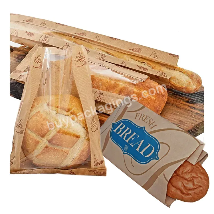 Custom Logo Printed Logo Food Grade Greaseproof Wax Bakery Brown Kraft Bread Packaging Paper Bags With Window