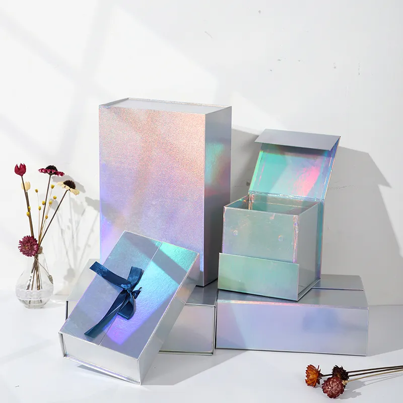 Custom Logo Printed Magnetic Closure Foldable Boxes Luxury Holographic Gift Box Paper Packaging With Ribbon