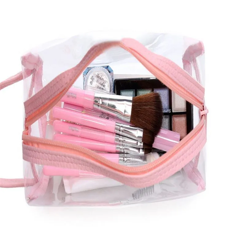 Custom Logo Printed Pink Organizer Gift Canvas Toiletry Plastic Packaging Zipper Storage PVC Travel Cosmetic Makeup Bag