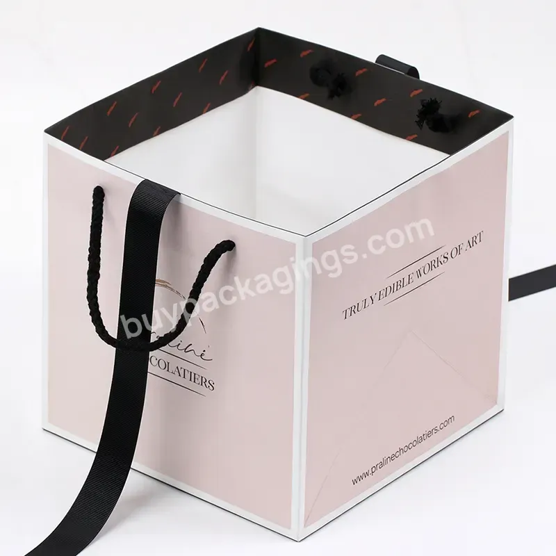 Custom Logo Printing Luxury Pink Square Fashion Shopping Bags Retail Folded Packaging Gift Paper Bags With Ribbon Handle