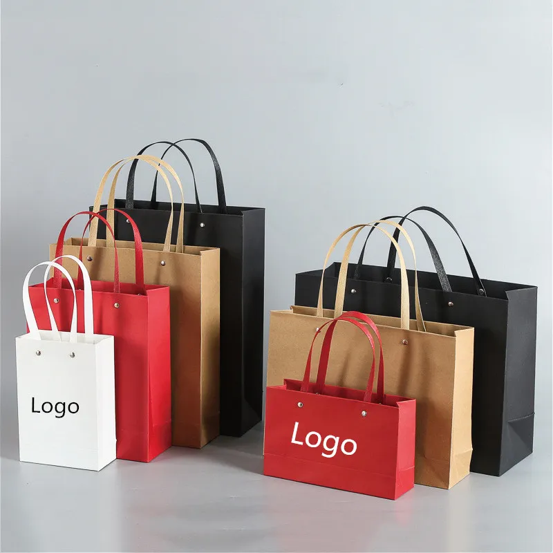 Custom logo Red Shopping Bag White Paper Bags With Rivet Flat Handle