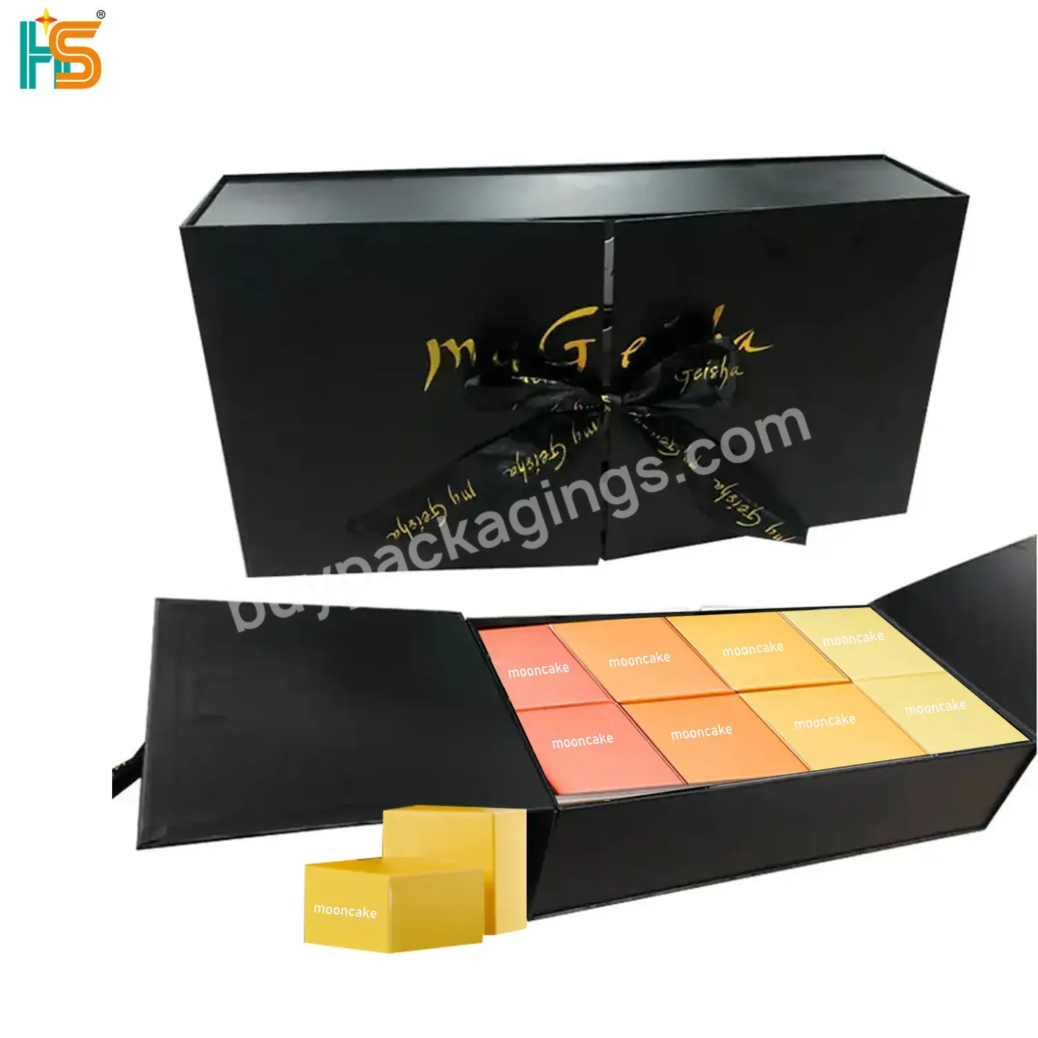 Custom Logo Ribbon Black Paper Open Door Gift Box Luxury Cardboard Mooncake Packaging Box