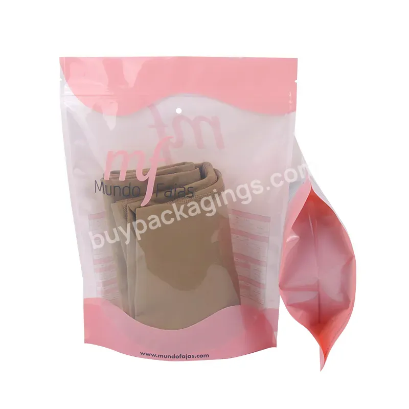 Custom Logo Self Seal Standup Ziplock Bag Pink With Gusset Bottom Glossy Clear Transparent Window Clothing Packaging Bags