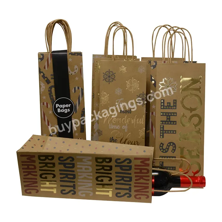 Custom Logo Shopping Packaging Glitter Wine Kraft Brown Paper Small Quantity Mini Christmas Gift Bags In Bulk With Handles