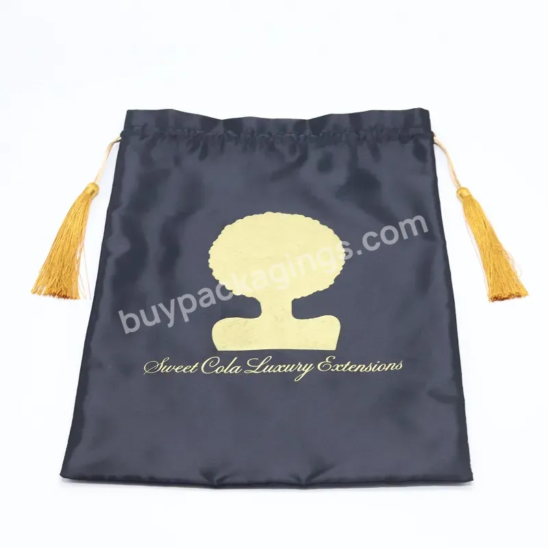 Custom Logo Silk Satin Hair Extension Drawstring Bag Handbags Lingerie Clothing Dust Storage Packaging Bags With Tassel