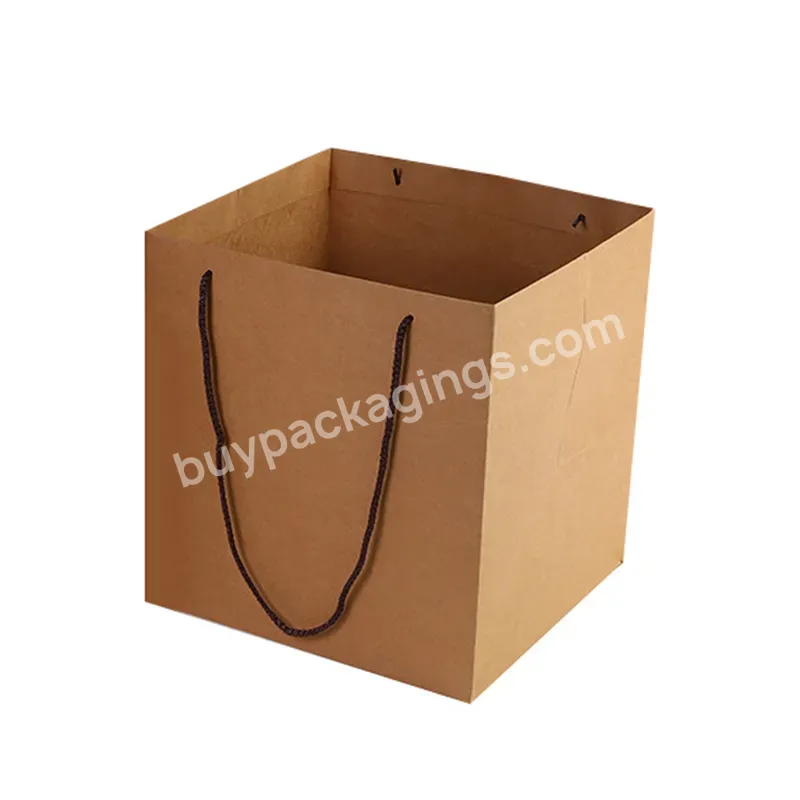 Custom Logo Size Printing Kraft Square Bottom Paper Gift Bags With Handles With Your Own Logo Square For Flowers