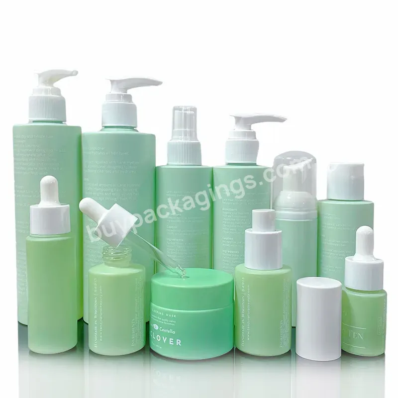 Custom Luxury 30ml 50ml 100ml Matte Green Frosted Skin Care Packaging Lotion Bottle Glass Cosmetic Jars And Serum Bottle Set