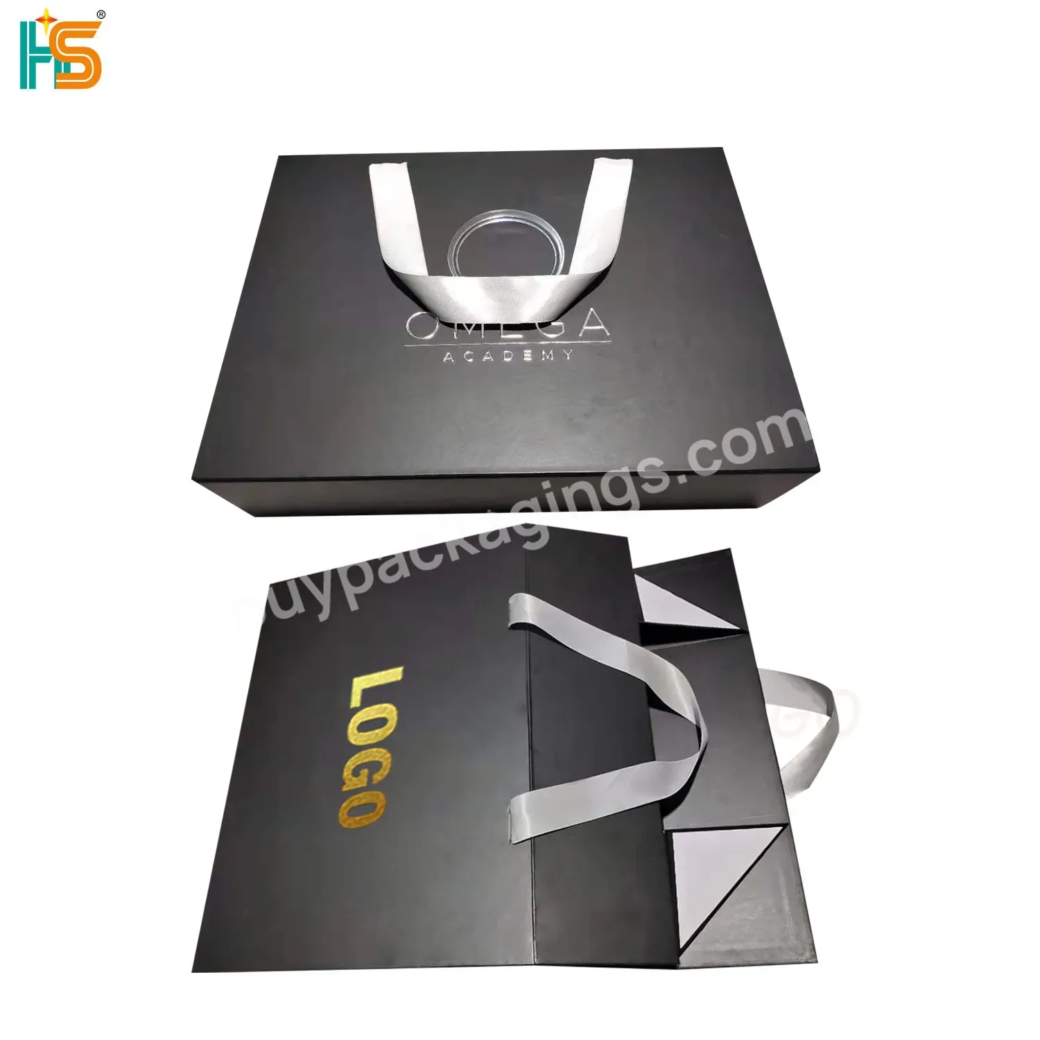 Custom Luxury Black Paper Ribbon Handle Packing Folding Shoe Gift Box Packaging With Magnetic Flap Closure