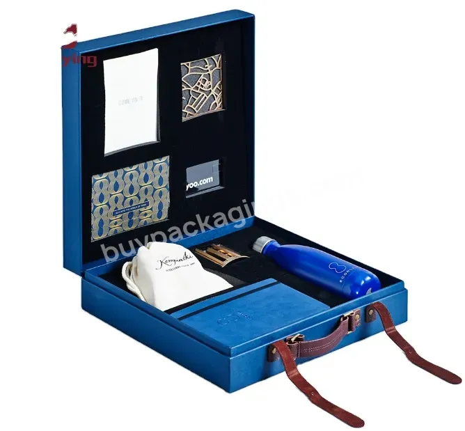 Custom Luxury Blue Pu Buckles Cardboard Box With Notebooks Kettles Bundle Pocket For Travel Bag Storage Boxes Packaging Boxes