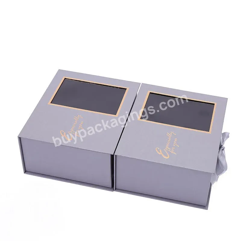 Custom Luxury Collapsible Cardboard Box Magnetic Gift Packaging Boxes With Ribbon Paper Box With Transparent Window Display
