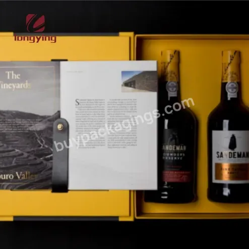 Custom Luxury Embossed Wine Packaging Cardboard Box Gift With 500ml 750ml Glass Bottles Pu Handle Folding Flat Shipping Box