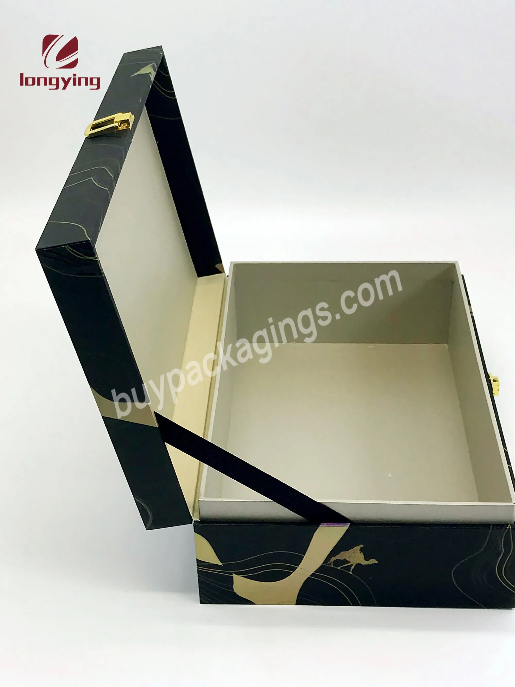 Custom Luxury Gift Box Black Laser Cardboard Box With Golden Buckles For Coffee & Tea Sets Candlestick Gift Box Packaging