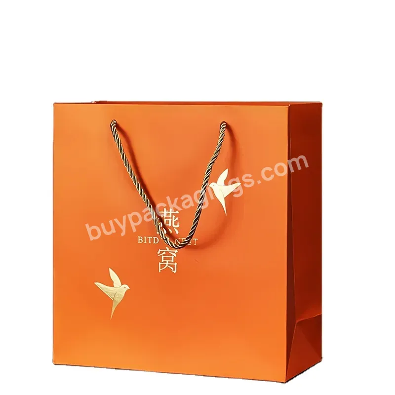 Custom Luxury Gold Stamping Paper Shopping Paper Bag With Logo Orange Gift Bag For Shop And Gift