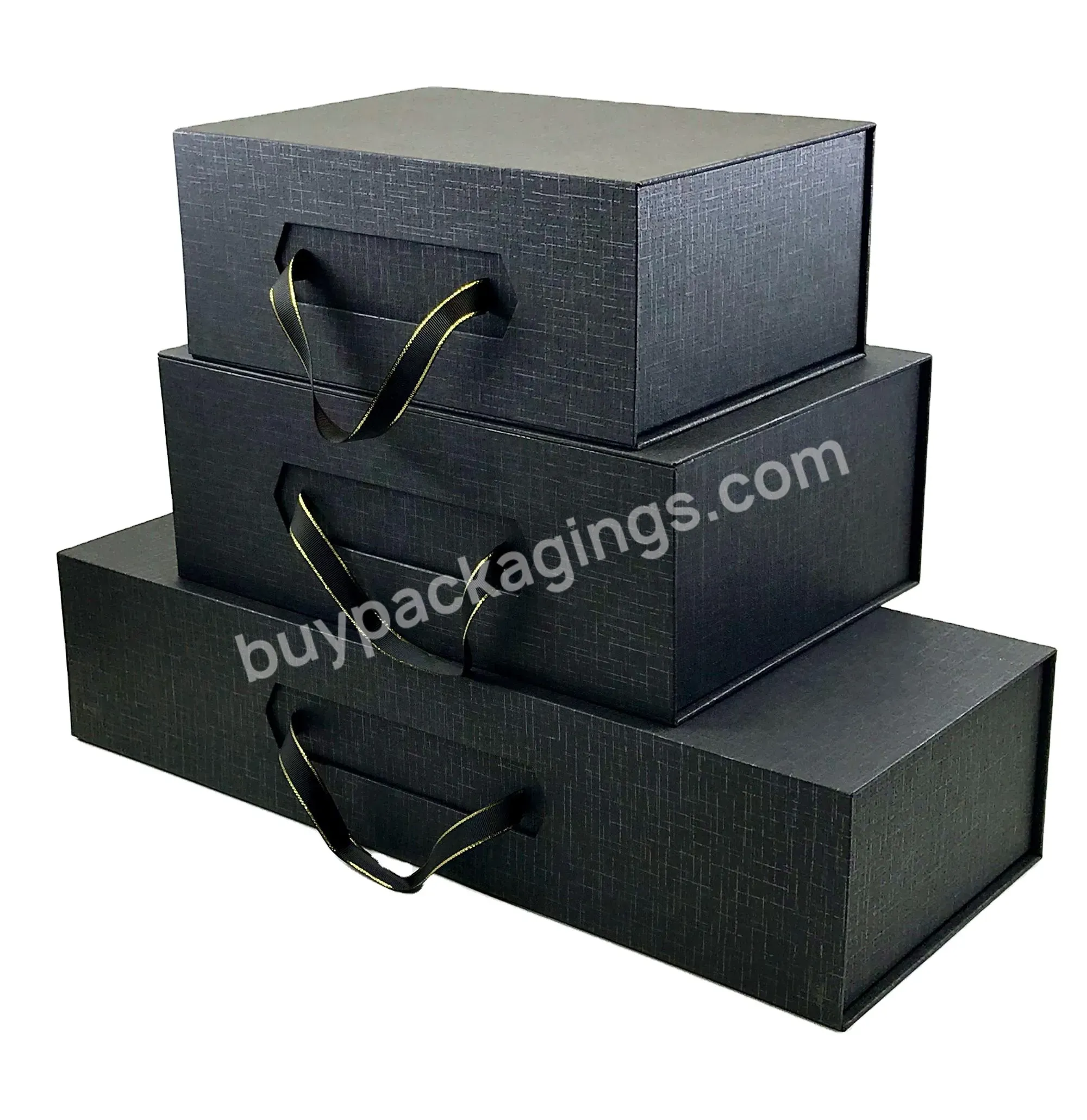 Custom Luxury Matte Black Textured Paper Box With Handle Magnetic Cardboard Shoe Box Folding Flat Shipping Boxes Business Style