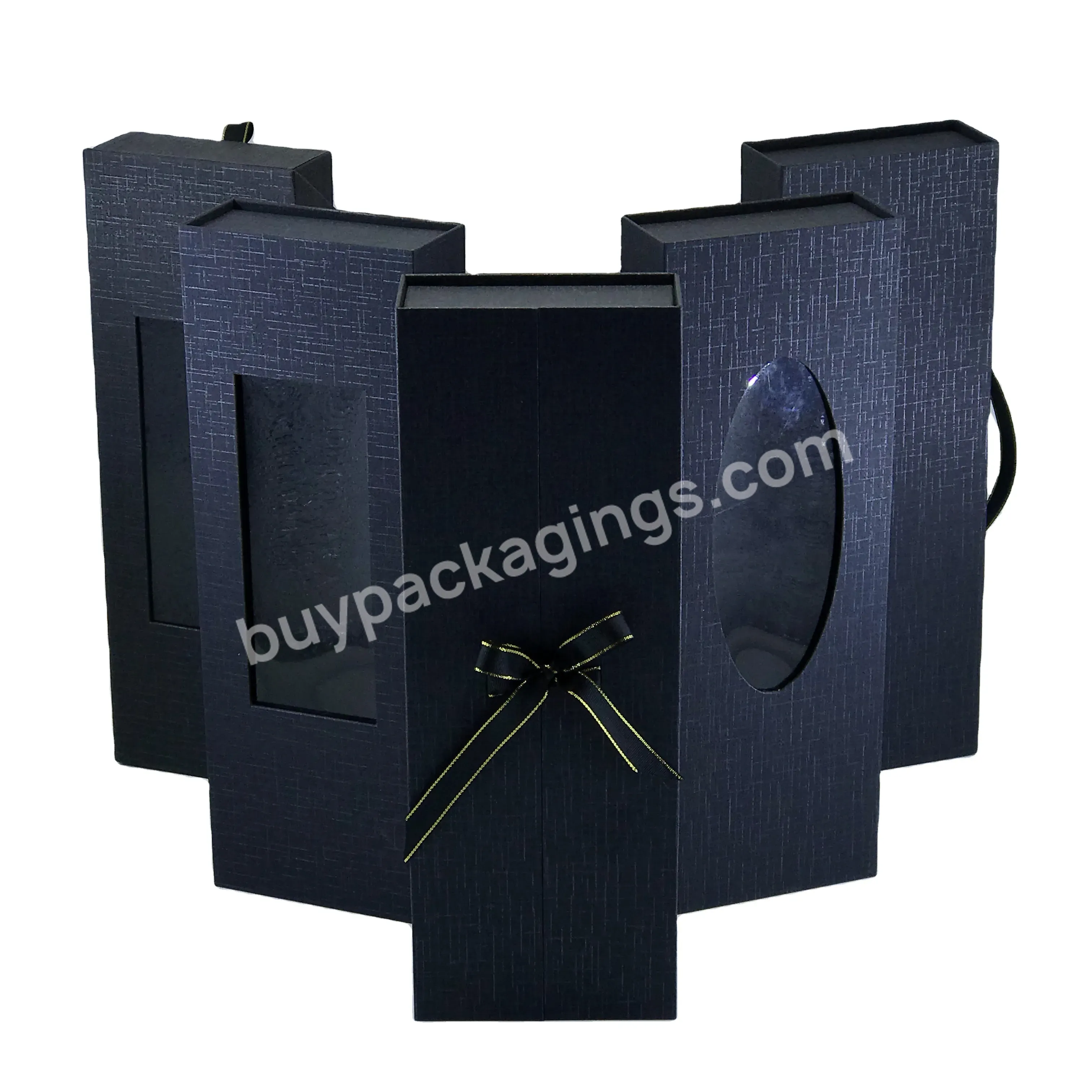 Custom Luxury Matte Black Textured Paper Magnetic Close Box With Pvc Windows Ribbons For Human Hair Wigs Cardboard Box Packaging