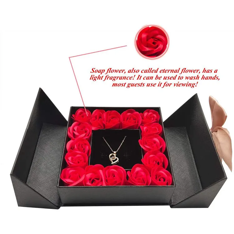 Custom Luxury Paper Gift Box Black Flower Real Rose Box with Jewelry Double Door With Drawer Flower Gifts Box