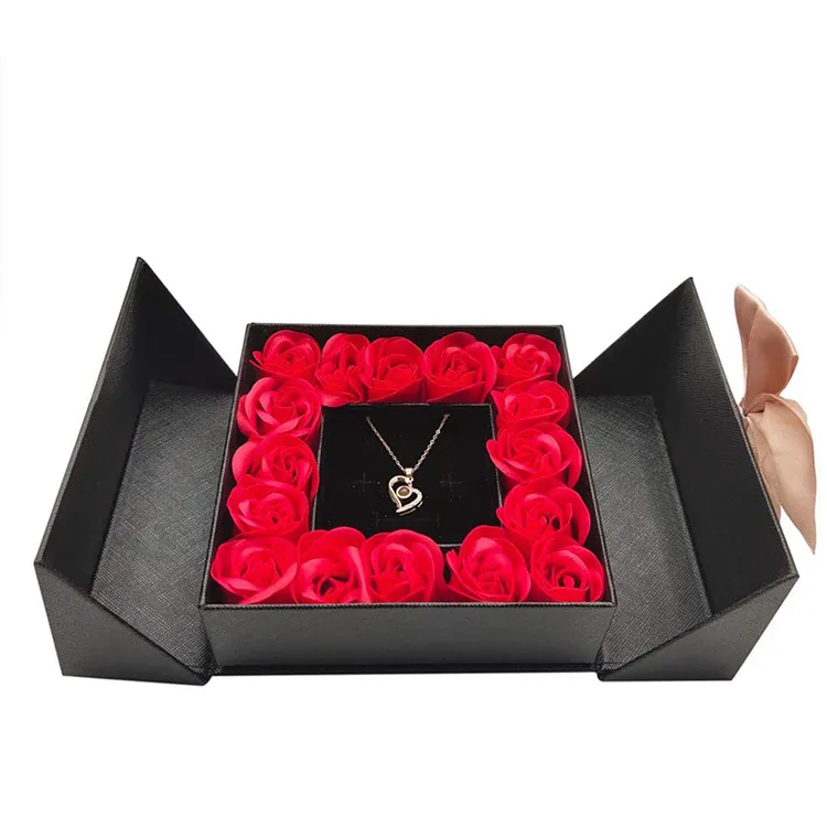 Custom Luxury Paper Gift Box Black Flower Real Rose Box with Jewelry Double Door With Drawer Flower Gifts Box