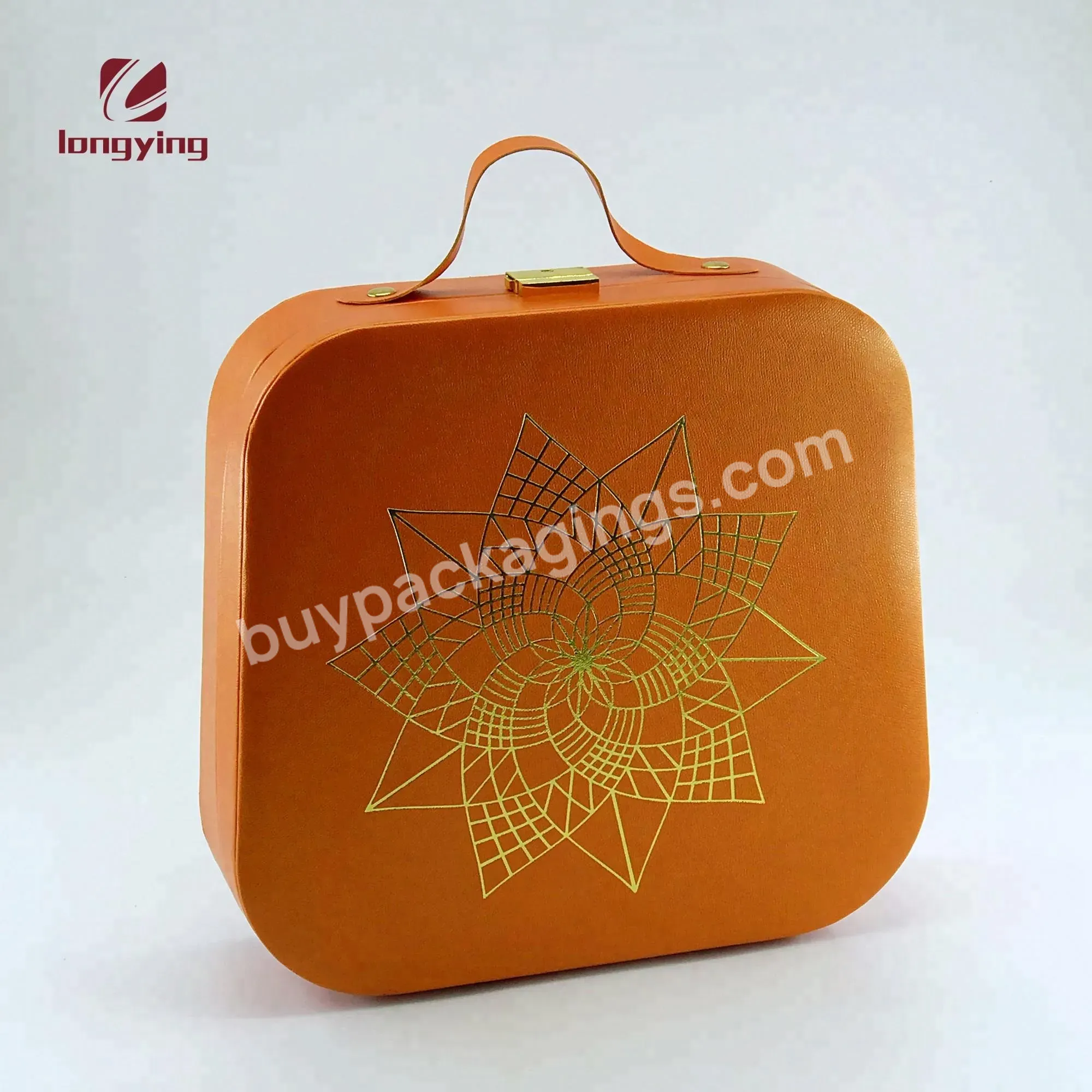 Custom Luxury Pu Leather Orange Cardboard Box With Handle Buckles Belt For Cosmetic Gift Set Packaging Box