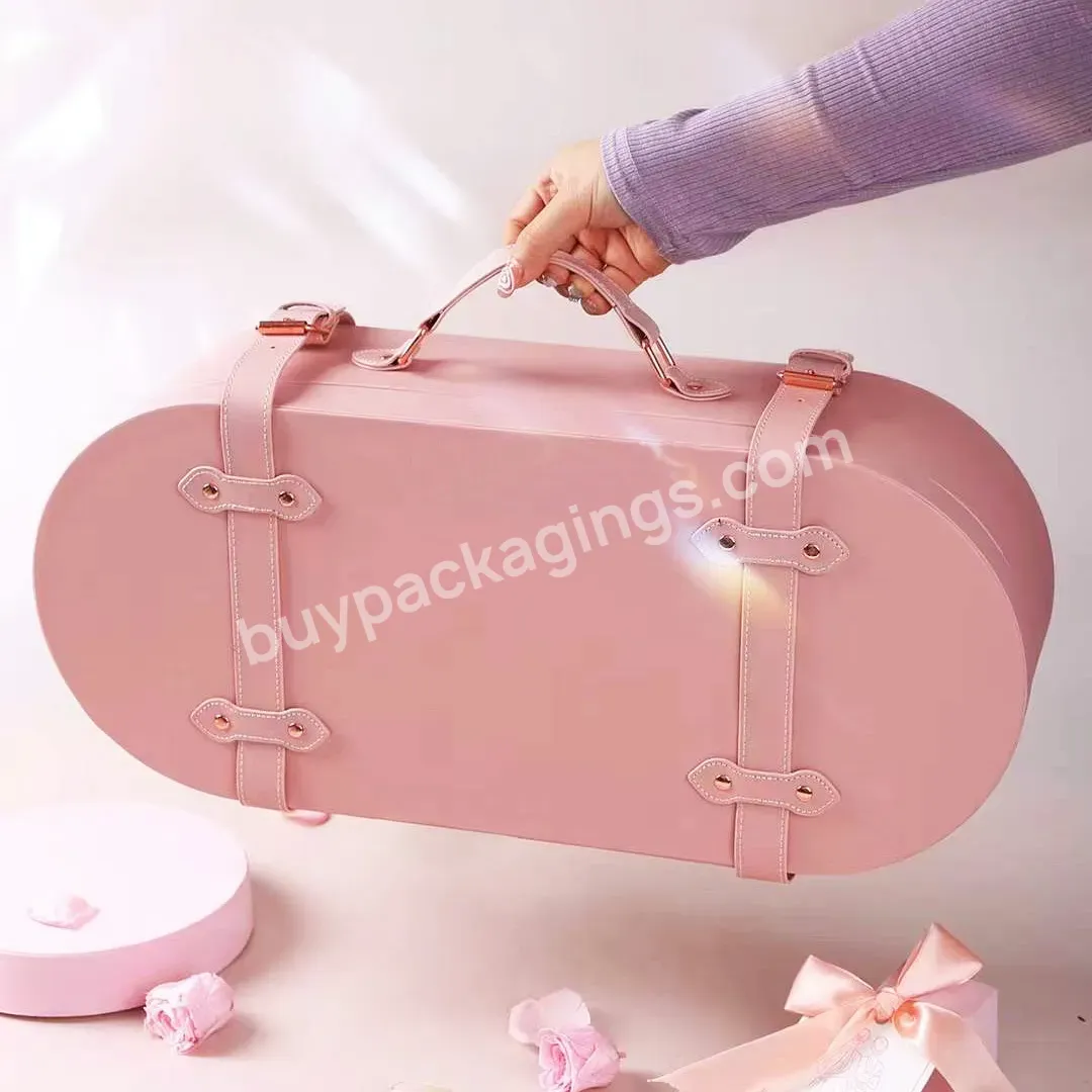 Custom Luxury Pu Leather Pink Display Gift Paper Box With Buckles Belt Handle For Party Valentines Gift Birthday Packaging Boxes
