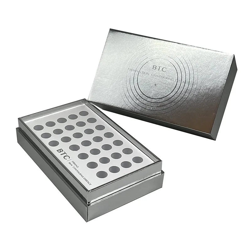 Custom metallic silver color essential oil essence hyaluronic acid skin care products gift box packaging with EVA slots