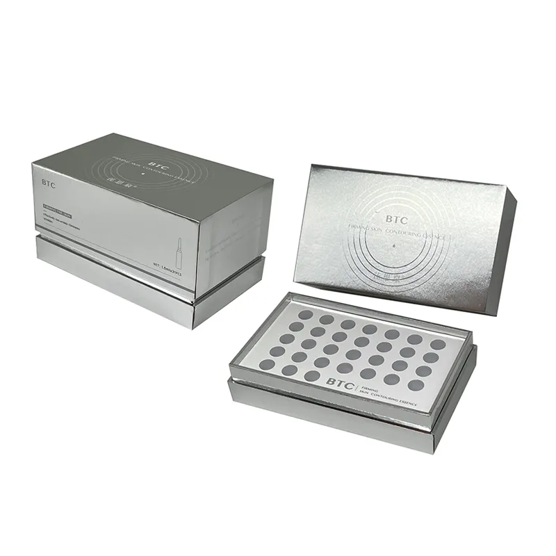 Custom metallic silver color essential oil essence hyaluronic acid skin care products gift box packaging with EVA slots