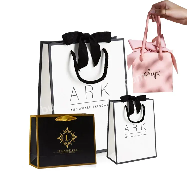 Custom Own Logo Print Small Personalized Luxury Shopping Tote Gift Paper Bag With Ribbon Handles For Jewelry Packaging Clothing