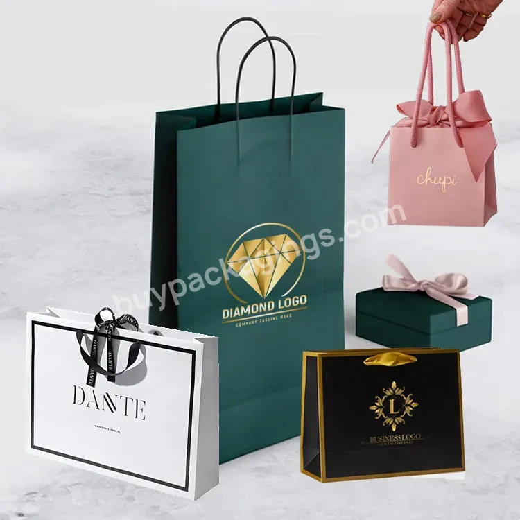 Custom Own Logo Printed Small Personalized Luxury Shopping Tote Gift Jewelri Paper Bag With Ribbon Handles For Jewelry Clothing
