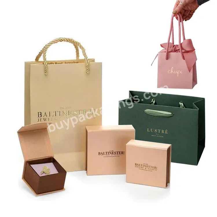 Custom Own Logo Printed Small Personalized Luxury Shopping Tote Gift Jewelri Paper Bag With Ribbon Handles For Jewelry Clothing