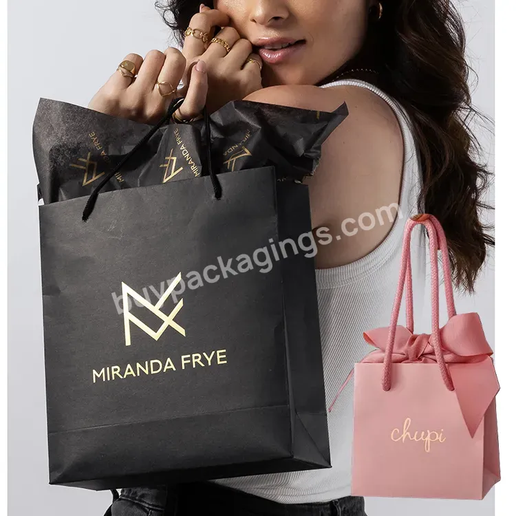 Custom Own Logo Printed Small Retail Boutique Shopping Ribbon Handle Clothing Packaging Luxury Gift Skincare Jewelry Paper Bags