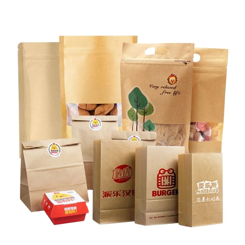 Custom Package Stand Up Packing Craft Snack Brown Resealable Kraft Paper Food Bag