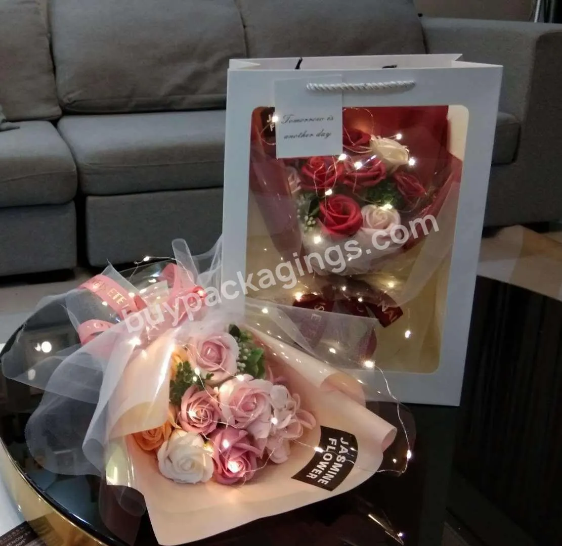 Custom Packing Clear Plastic Waterproof Flower Paper Bag Bouquet Handbag With Pvc Transparent Window for Valentine's Day