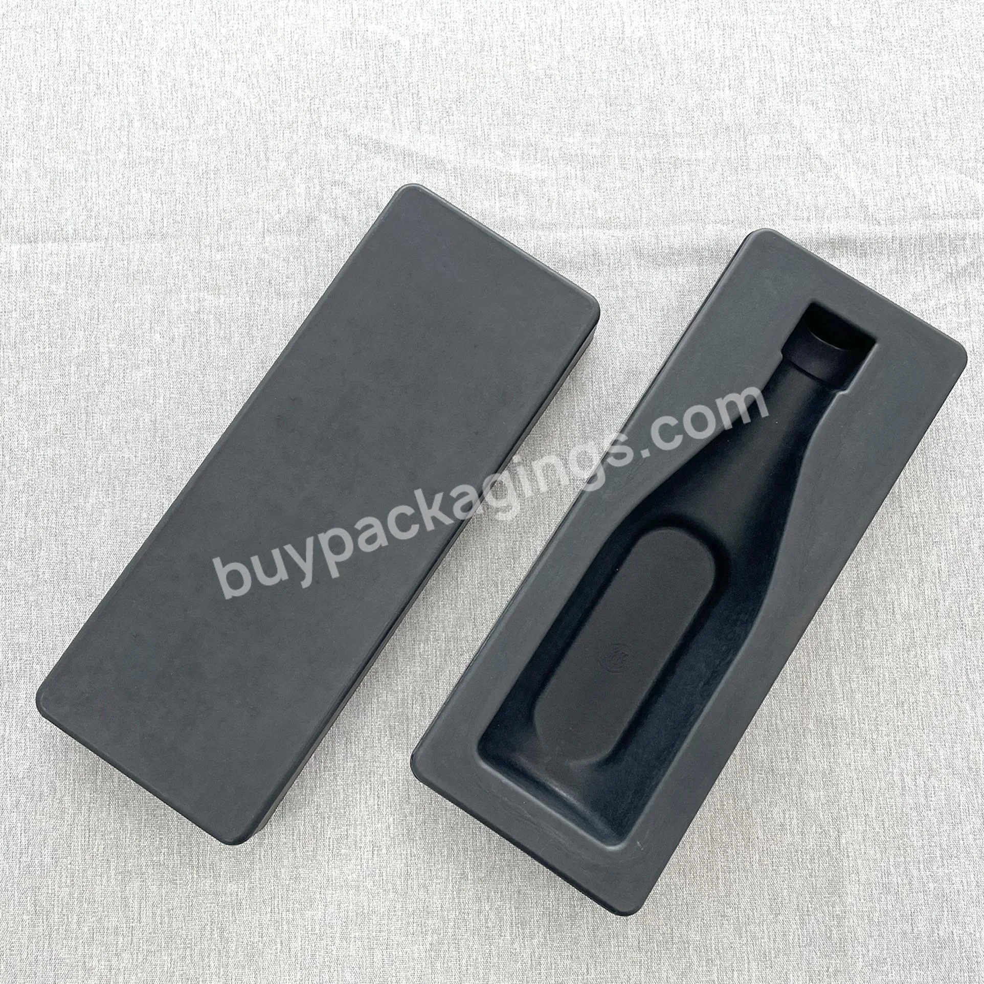Custom Paper Color Molded Pulp Glass Wine Bottle Shipper Gift Box Black Tray Packaging With Gold Stamping