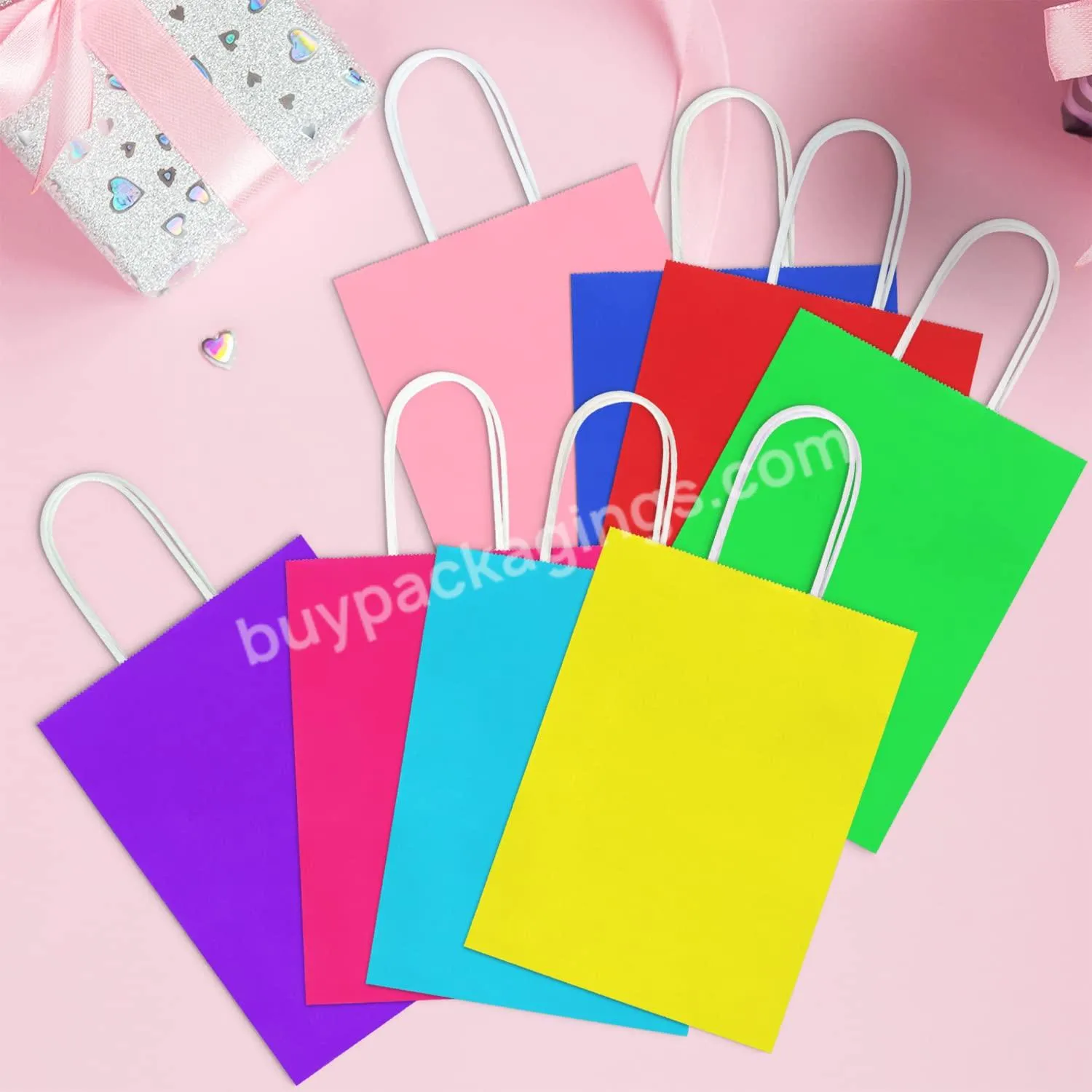 Custom Party Favor Rainbow Gift Kraft Paper Bags Retail Shopping Packaging with Handles LOGO for Wedding Birthday Party Supplies