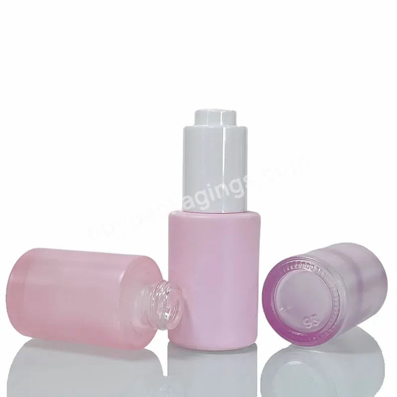 Custom Pink Frosted 20ml 30ml 50ml Press Pump Dropper Cap Essential Oil Skin Care Serum Glass Bottle With Push Button Dropper