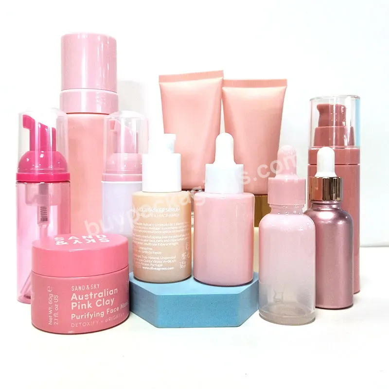 Custom Pink Glass Cosmetic 30ml Toner Bottles And 50g Cream Jars Set Packaging Skin Care Bottle Face Cream Jars