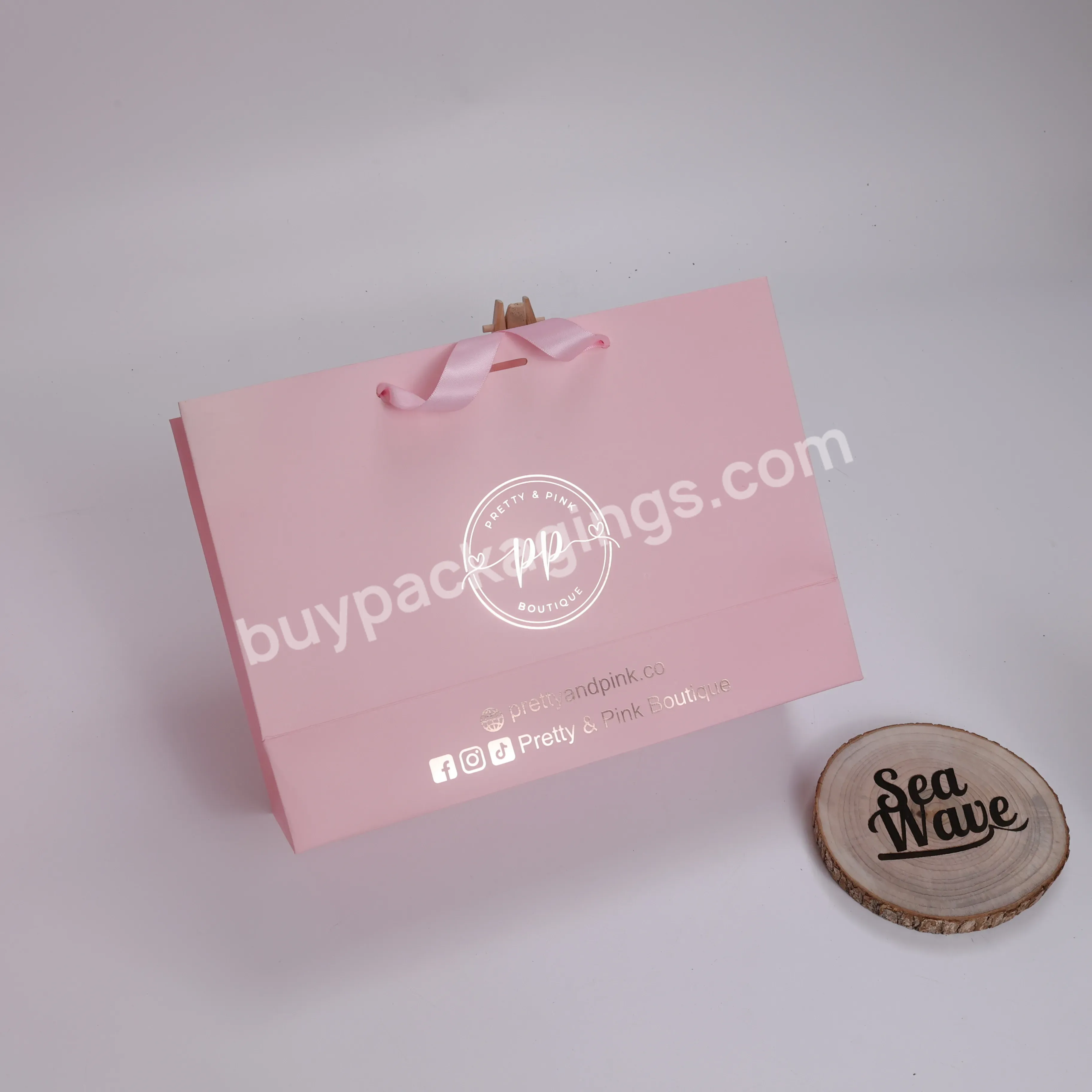 Custom Pink Paper Bag With Rose Gold Foil Stamping Logo Gift Packaging Paper Bags With Handles