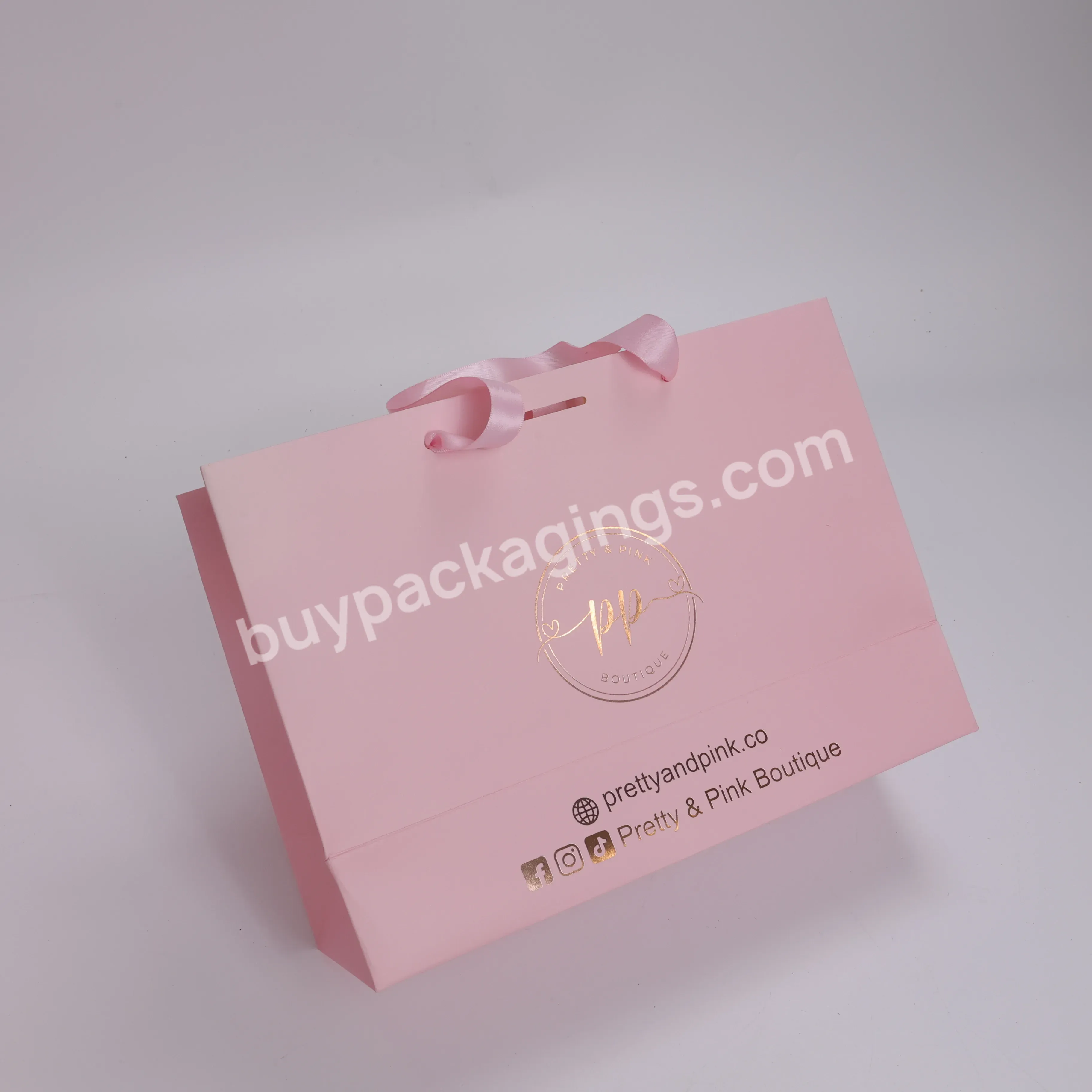 Custom Pink Paper Bag With Rose Gold Foil Stamping Logo Gift Packaging Paper Bags With Handles