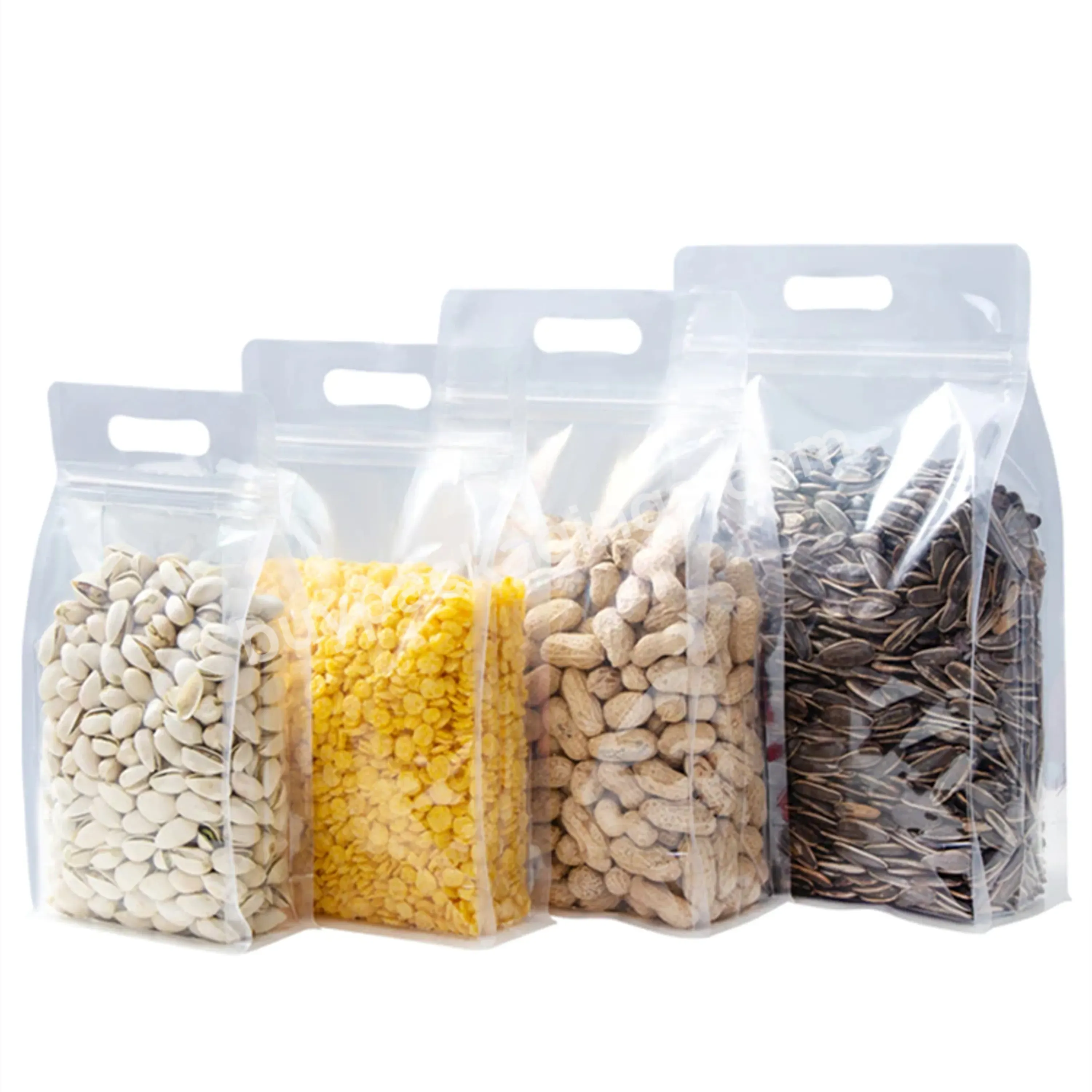 Custom Plastic Flat Bottom Pouch Food Nuts Storage Pouches Clear Ziplock Self Sealing Transparent Packaging Bags With Handle