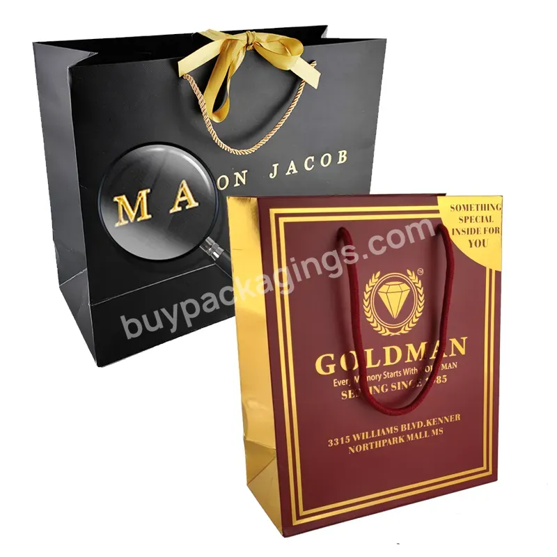 Custom Print Brand Logo Luxury Black Gold Heavy Duty Carrier Jewelry Necklace Packaging Shopping Paper Bags For Clothing