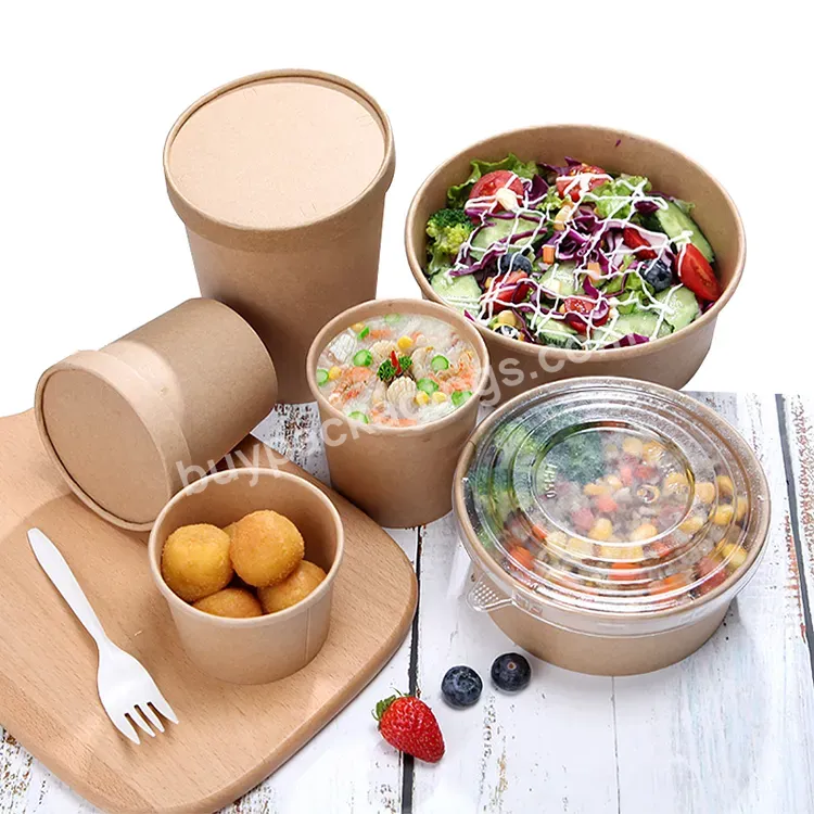 Custom Print Eco-friendly Disposable To Go Packaging Container Kraft Paper Rice Soup Cup For Food Take Away Salad Bowl With Lid