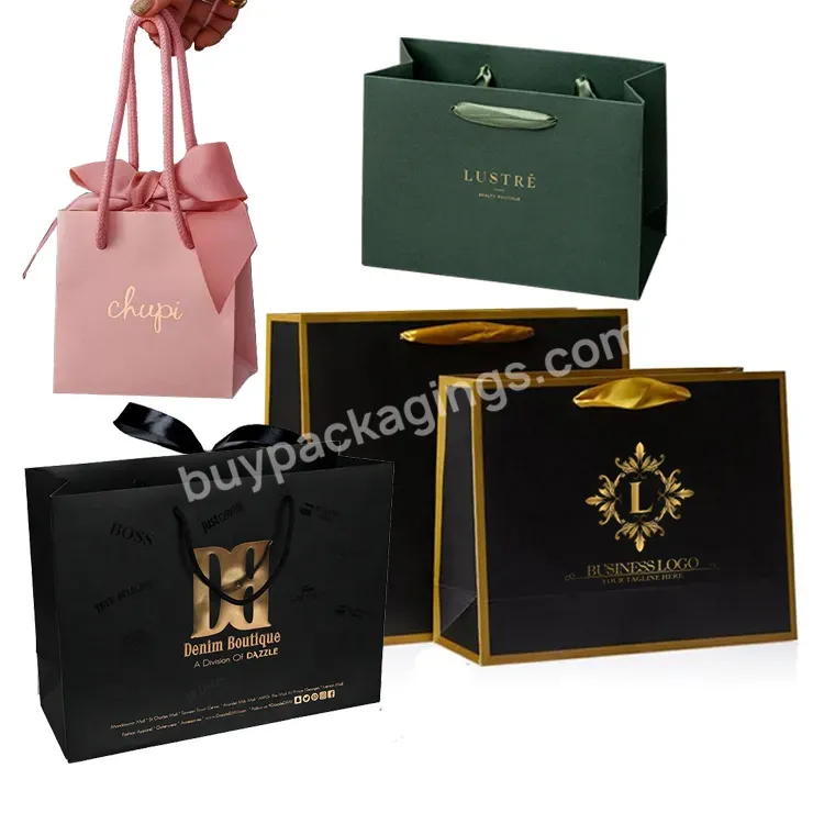 Custom Print Gold Logo Brand Small Store Boutique Clothing Packaging Jewelry Perfume Black Paper Gift Bags With Ribbon Handles