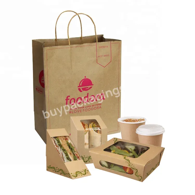 Custom Print Grocery Restaurant Food Take Away Flat Handle Brown Natural Kraft Paper Bag With Your Own Logo