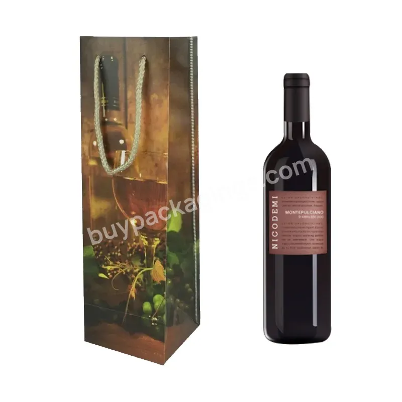 Custom Print High Quality Red Wine 1 Bottle Carrier Gift Bag Wine Bottle Paper Bag With Strong Twisted Handles