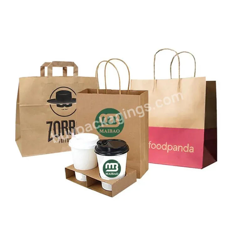 Custom Print Logo Restaurant To Go Grocery Coffee Food Takeaway Packaging Bag Brown Kraft Paper Carrier Bags With Flat Handle