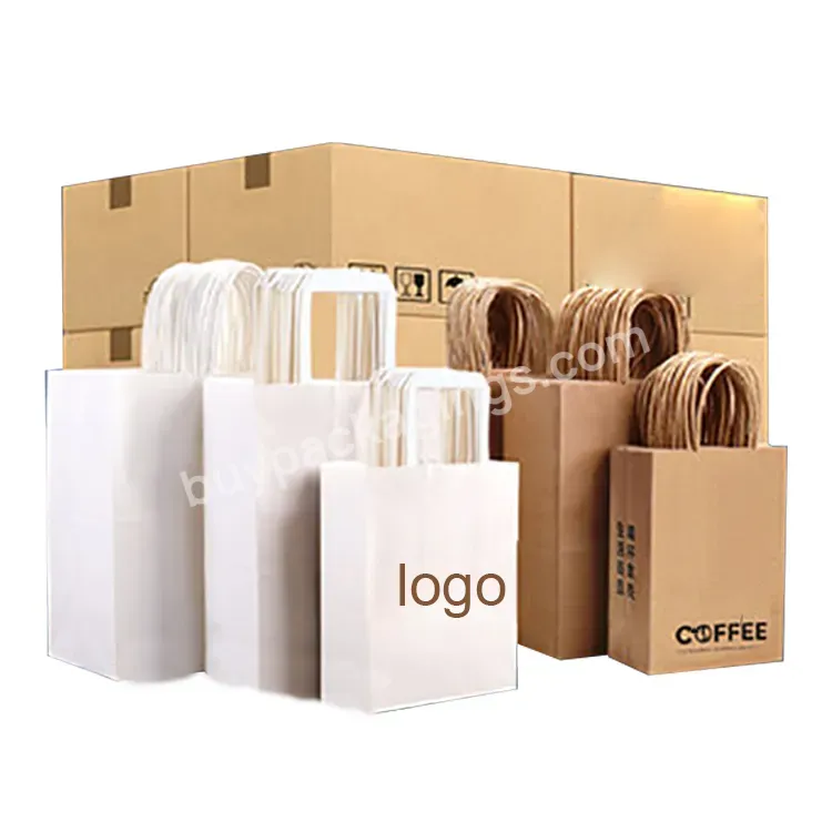 Custom Print Logo Restaurant To Go Grocery Coffee Food Takeaway Packaging Bag Brown Kraft Paper Carrier Bags With Flat Handle